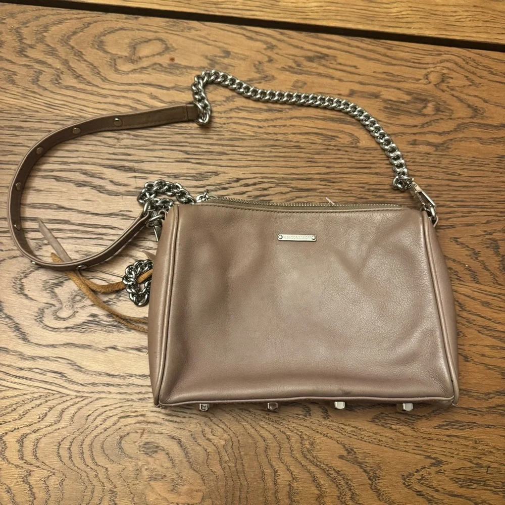 Rebecca Minkoff Taupe Leather Small Crossbody Bag with chain Silver Accents